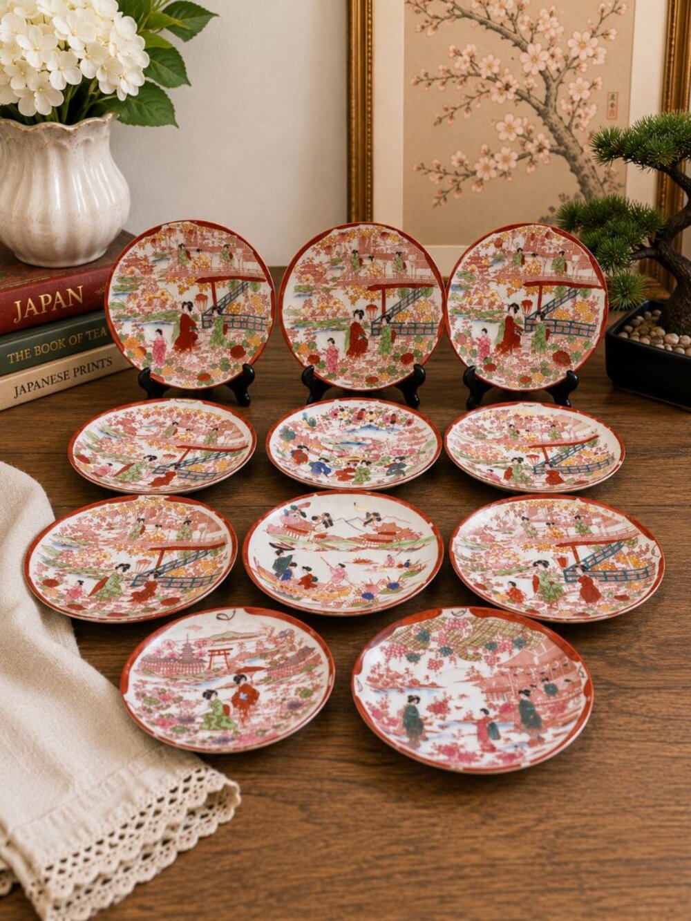 Vintage Japanese Geisha Girl Porcelain Dessert Plates Set 11 Kutani Style
